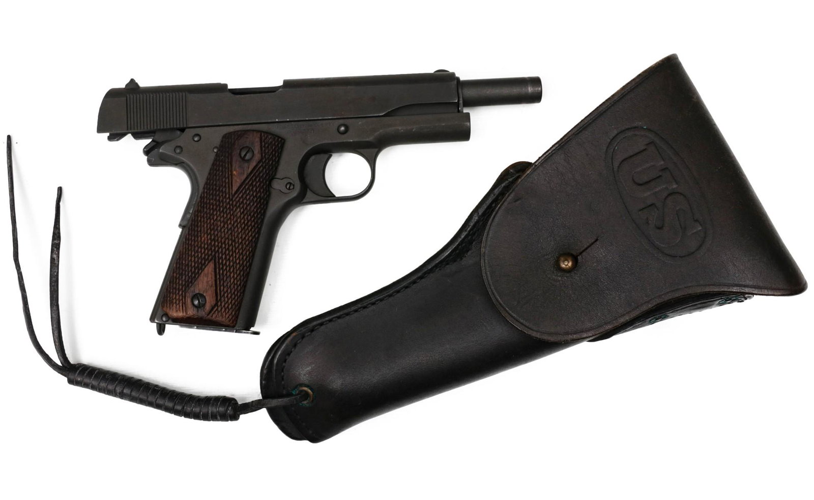 45 AUTOMATIC AFTER A COLT MODEL 1911: Colt .45 Model AA (serial #:9560221) A Colt 45 with magazine, Boyt 45 holster with wrapped tie, plaque with photo, letter, numbered 560221. Provenance: The Jack Angolia Collection We will abide by all