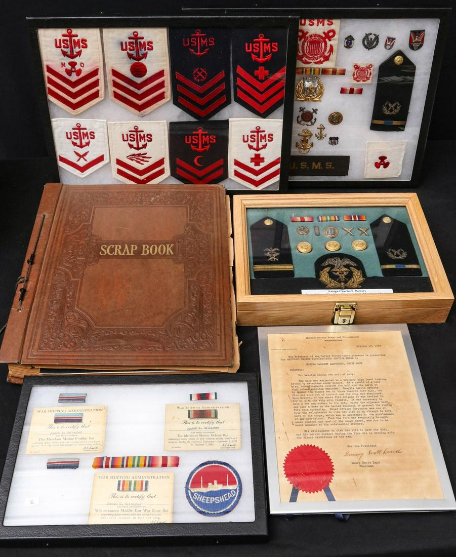 US MARITIME MERCHANT MARINE GROUPING, MANY NAMED LOTS: Riker mounts with ratings, insignia, large format album named to Charles F. Bowers, shadow box with named insignia for Charles F. Bowers USMS, rare US Maritime commission for Marine Distinguished Serv