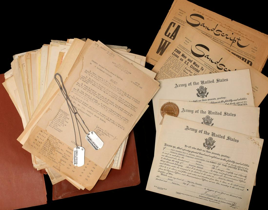 CAPT ERICSON COMMENDATIONS, PHOTOS, DOCS, DOG TAGS: Effects Belonging to Capt. Eric H. Ericson: Album Page with 13 photos; Promotion Document from Pvt. to T-4 dated 1 April 1942; Promotion Document from S/Sgt. to Tech. Sgt. dated 2 July 1942; Report of