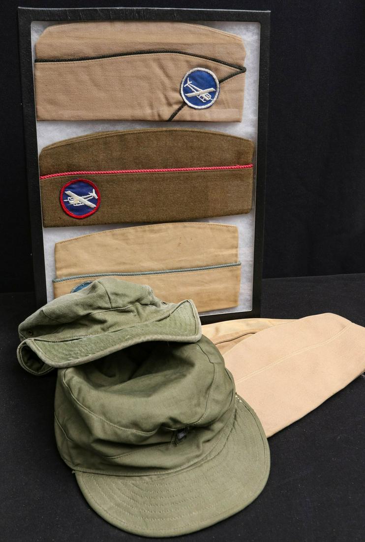 ARMY GLIDER, NAVY AVIATOR, USMC AND OTHER HEADG GEAR: Glider officer garrison cap, glider enlisted Artillery garrison cap, Glider enlisted Infantry garrison cap; Army HBT cap; cotton field cap M-1951 with fold down flap, no insignia; Marine summer garris