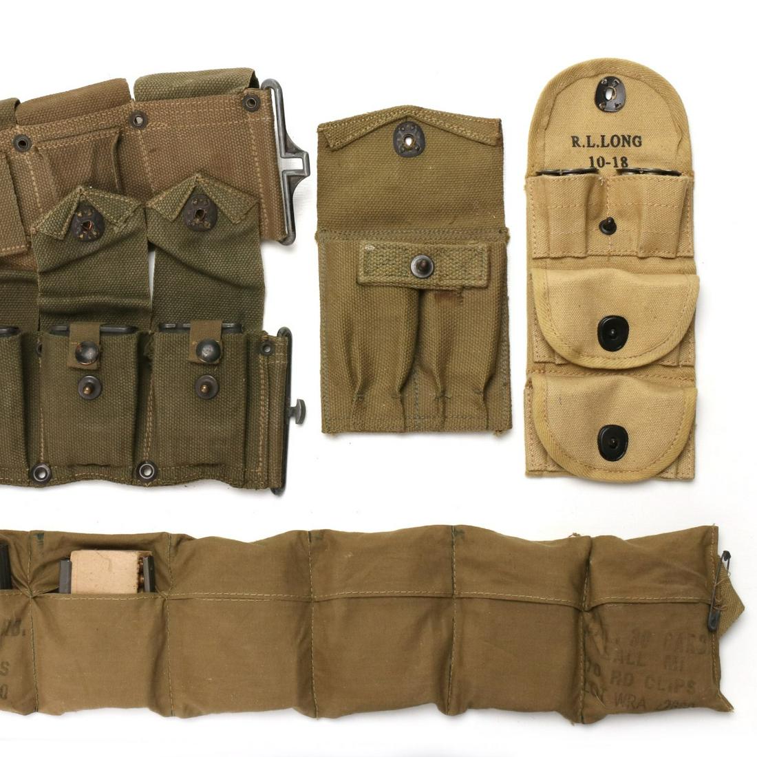 AMMO POUCHES AND BANDOLEERS WITH LIVE AMMO: Carbine magazine pouch, USMC .45 mag pouch; rifle belt with six eight-round clips live ammo; bandoleer .30 caliber Carbine live ammo; and WWI dated .45 caliber Revolver ammo pouch with half moon clips