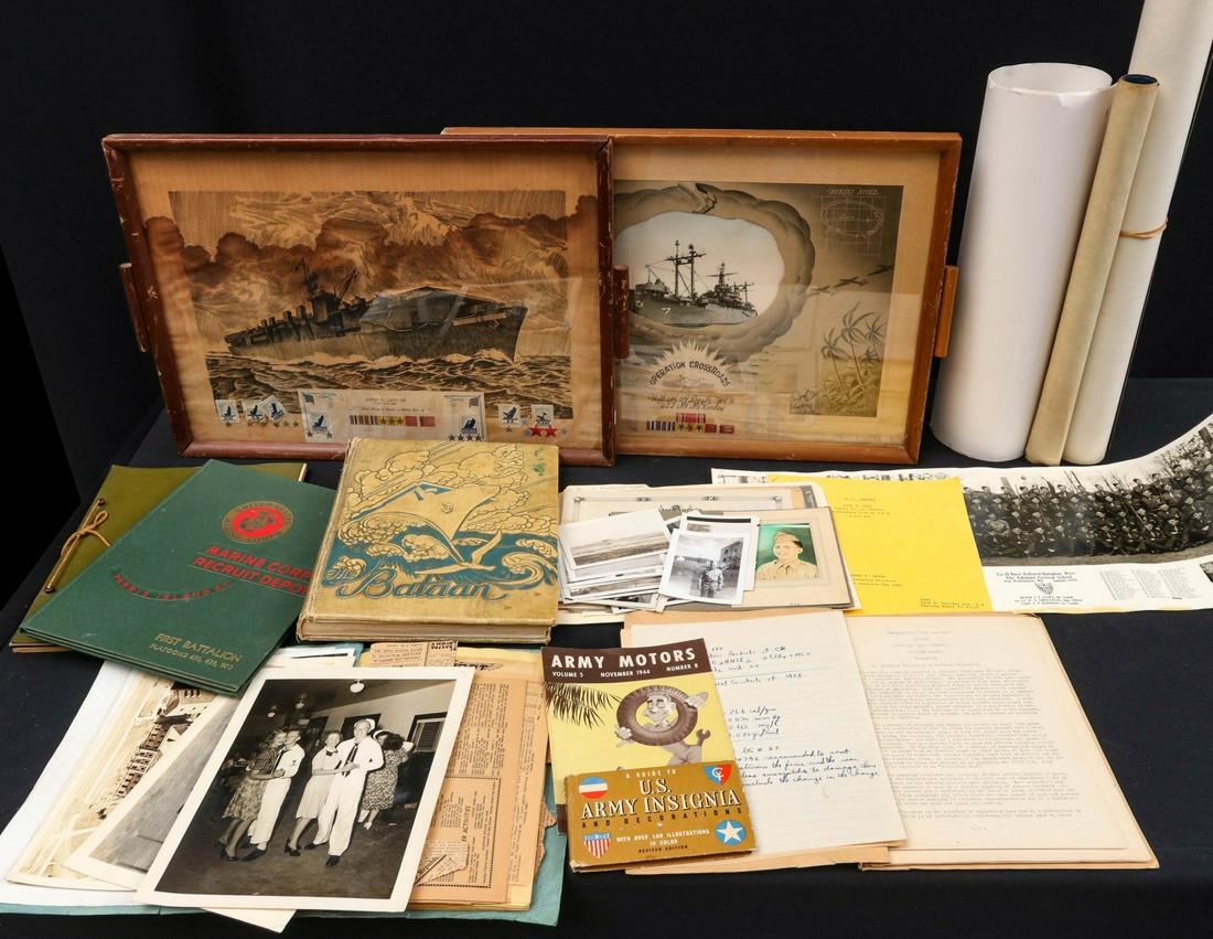 NAMED WWII PHOTOS, SOUVENIRS, ARCHIVES, HISTORIES ETC.: 'GI Helmet', memoir of 79th Infantry Division Vet; file belonging to Corporal Samuel Lightle consisting of color photo of him, numerous annotated photos, discharge, various documents; 'Marine Corps Re