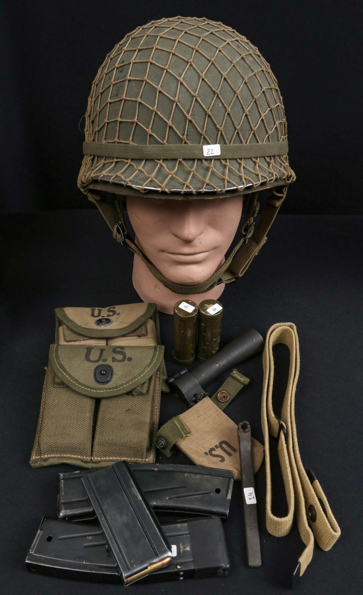 M3 FLASH SUPPRESSOR, M1 HELMET W/WEB, MAG POUCHES, MORE: Miscellaneous items to include: two camouflage tubes; two Carbine magazine pouches with non-issued mags; two Carbine long magazines and one short; muzzle cover; Carbine strap; M-3 Carbine flash suppre