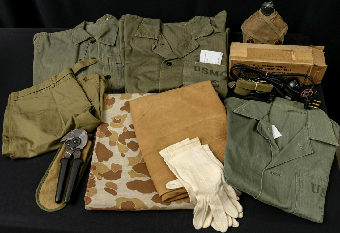 ASSORTED WWII USMC UNIFORMS, TELEPHONE, MUCH MORE: USMC: P-41 fatigue jacket belonging to Ronald P. Roehrig; Korean-era fatigue jacket belonging to Sergeant Garland P. Colvin, 5th Mar; Unnamed P-44 fatigue jacket; Athletic shorts with markings; Pair o
