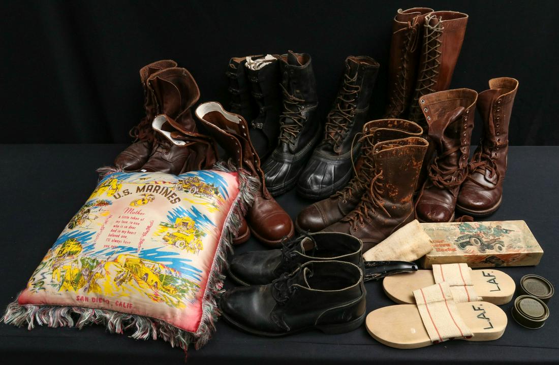 WWII SERVICE BOOTS, PILLOW SHAM AND MORE: Leather laced boots; Service boots with laces; Service boots with no laces, un-issued; Service boots with laces; Paratroop boots with leather laces; Cold weather leather and rubber boots with leather 