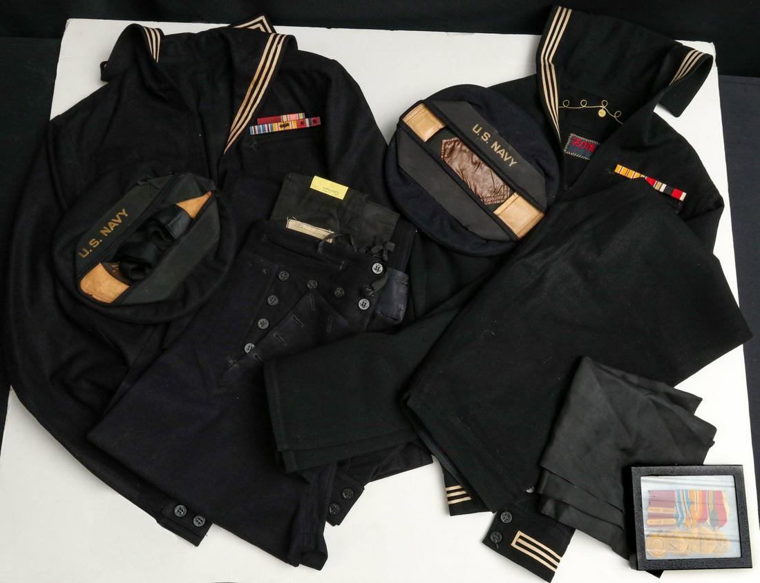 NAMED US WWII NAVY UNIFORMS AND MEDAL BARS: Radioman 3rd Class Floyd Bush, USN: Uniform consisting of jumper with embroidered name, bullion Aerial Gunner sleeve insignia, bullion sleeve rating, three place ribbon bar, discharge ins, flat hat, s