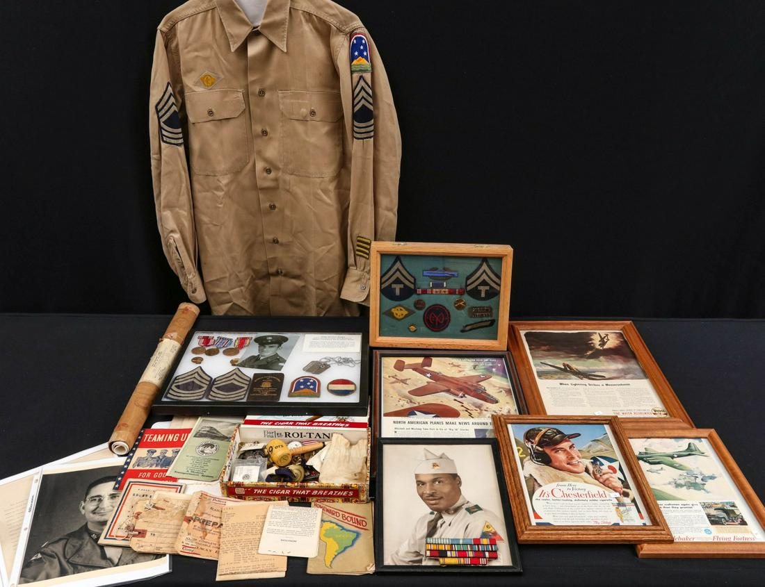 A VARIED GROUPING OF WWII ERA MILITARIA AND AMERICANA: A varied and interesting collection including: shadow box grouping belonging to unidentified technician, T/Sgt of the 27th infantry division; framed military advertisements for the B-25, P-38, B-17 an