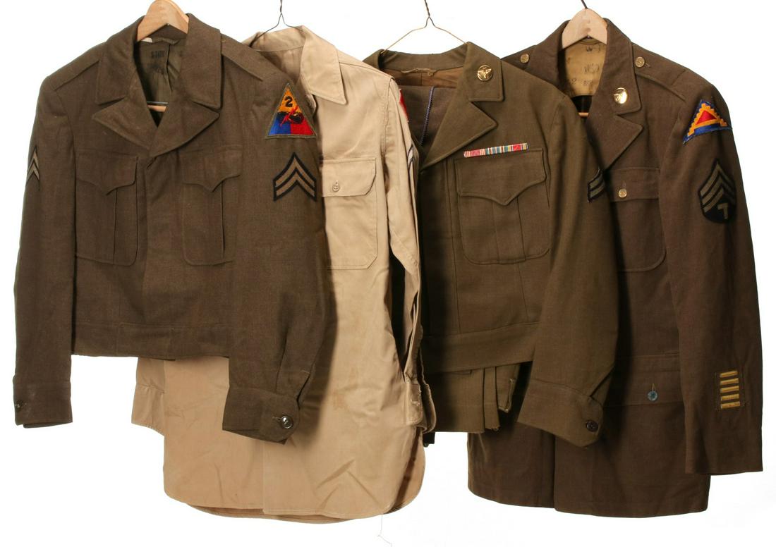 ARMY AND ARMY AIR FORCE IKE JACKETS AND OTHER UNIFORMS: Uniforms as follows: Tech Sergeant. 7th and 5th Amy SSI's, rank insignia, Infantry collar brass, five overseas bars, initial and last four, some mothing on upper back; Corporal Ike jacket, 2nd Armored