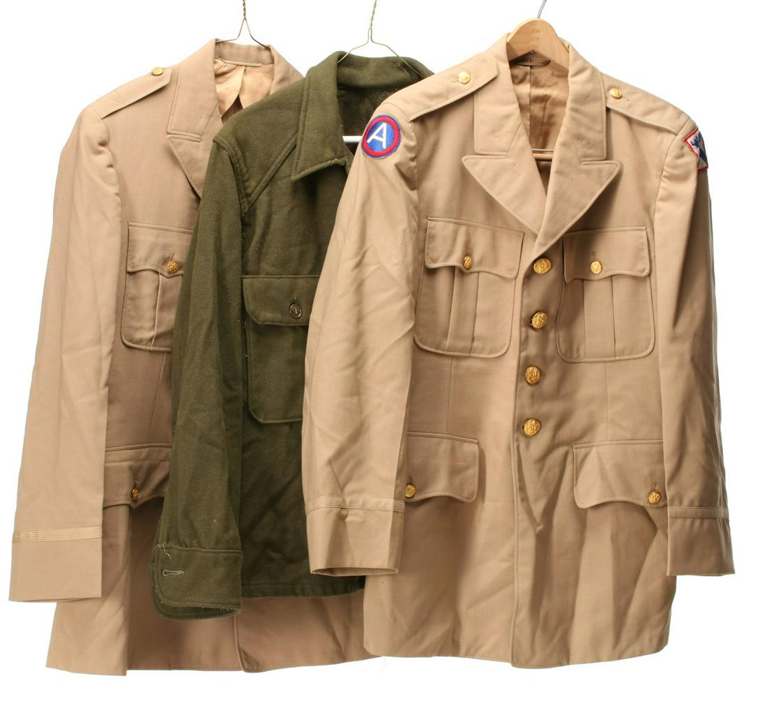 ARMY, NAVY, AAF, USMC AND OTHER WWII UNIFORMS: Navy Officer blue trousers with suspenders; two AAF Officer dark green shirts (one with SSI); Early VN wool shirt with tape, 1st Inf SI; Army enlisted short sleeve summer shirt; Army Officer's summer 