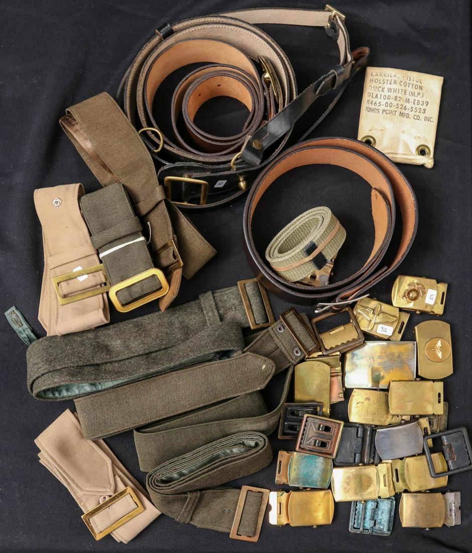 US MILITARY BUCKLES AND BELT GEAR WWI AND KOREAN WAR: Collection of belts and buckles including: USMC alpha jacket belt with buckle, named; two USMC tan jacket belts with buckles; three USMC officer green tunic belts with buckles, one named; officer's se