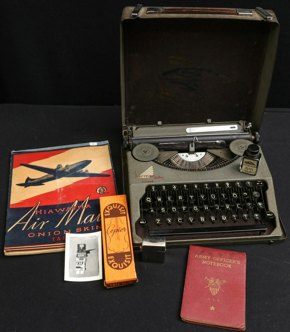 WWII HERMES BABY TYPEWRITER, OFFICER'S NOTEBOOK, ETC: Hermes Baby portable typewriter with black ribbon, used by vet overseas; Book of onion skin typing paper for Air Mail letters; One dozen number 791 pencils in original box dated 21 Sept 1942; Bottle o