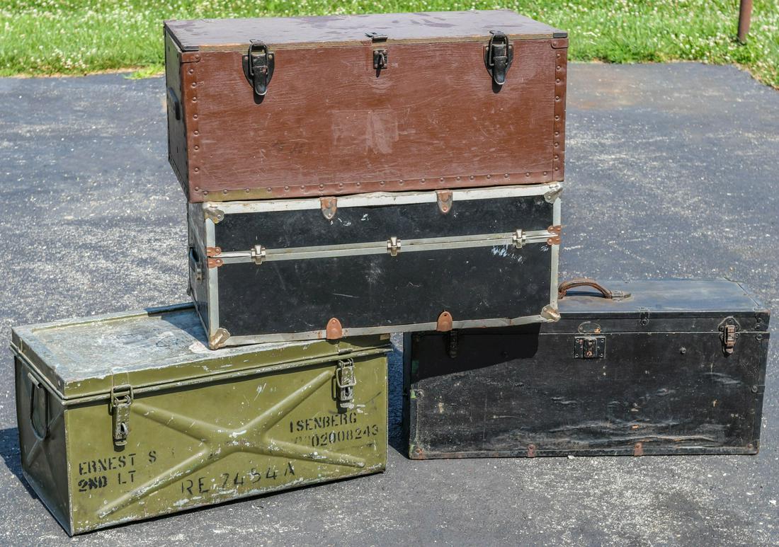 WWII ERA FOOT LOCKERS AND TRUNKS: The entire lot as shown. All veteran attributions and histories have been provided by the consignor and are believed to be accurate but not guaranteed by the auctioneer. Measure from 13 x 32 x 16 to 1