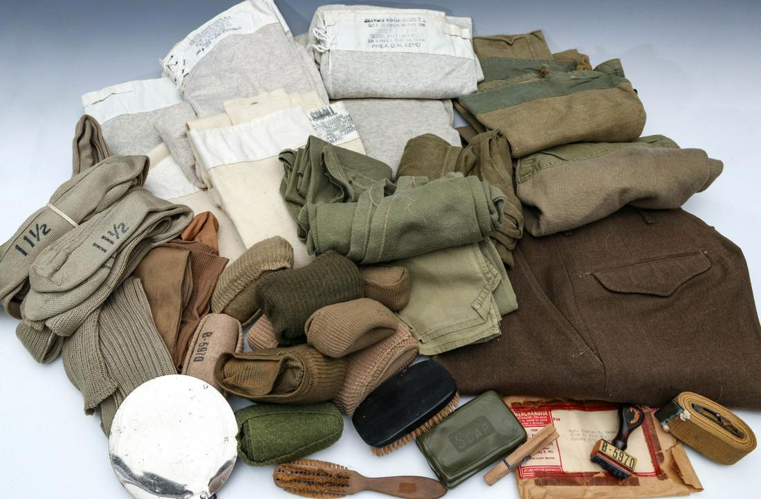 SGT CHARLES BROWN GROUPING: Clothing grouping belonging to Sgt. Charles R. Brown consisting of: service trousers; five pairs winter white under-drawers; winter white long sleeve undershirt; two pairs olive drab under-drawers; fo