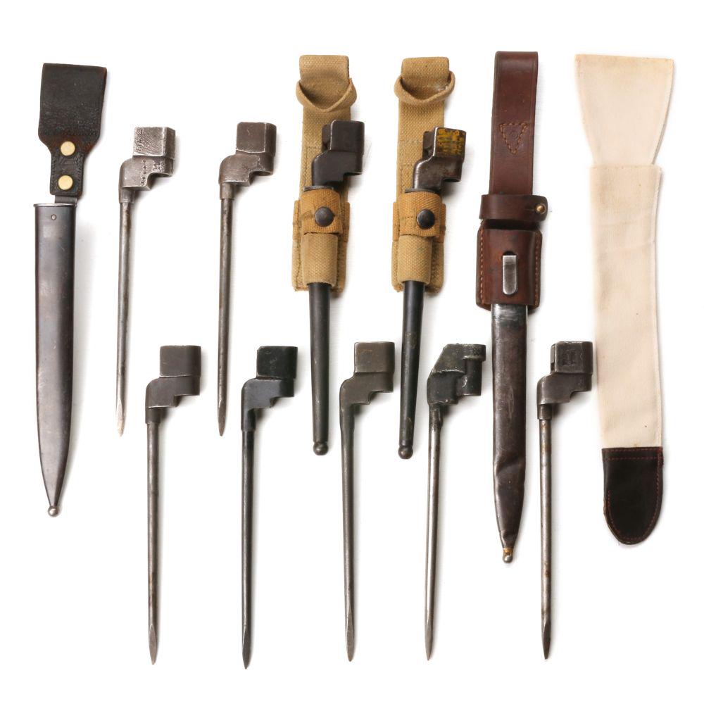 NINE BRITISH ENFIELD BAYONETS, KRAG SCABBARD, MORE: Spike bayonets with and without scabbard and frog, scarce Krag bayonet scabbard, white cloth scabbard with leather. We happily provide seamless in-house packing and shipping services on nearly everyth