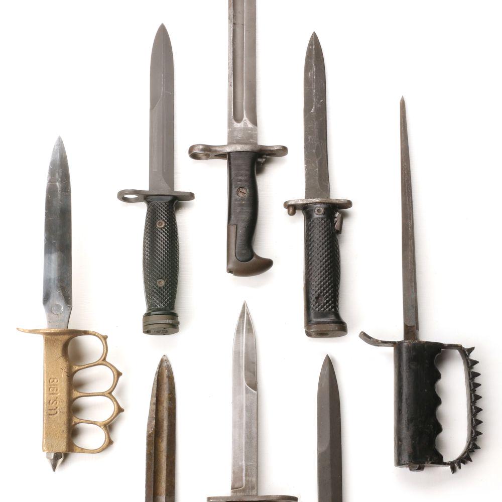 EIGHT BAYONETS AND KNIVES: Bayonets as shown along with reproduction brass handle fighting knife and a knuckle duster type fighting knife of unknown origin. We happily provide seamless in-house packing and shipping services on 