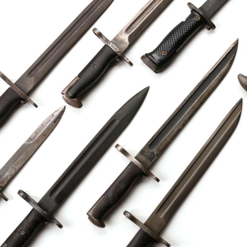 WWI AND WWII BAYONETS AND KNIVES: Eight edged weapons as shown. We happily provide seamless in-house packing and shipping services on nearly everything we sell.