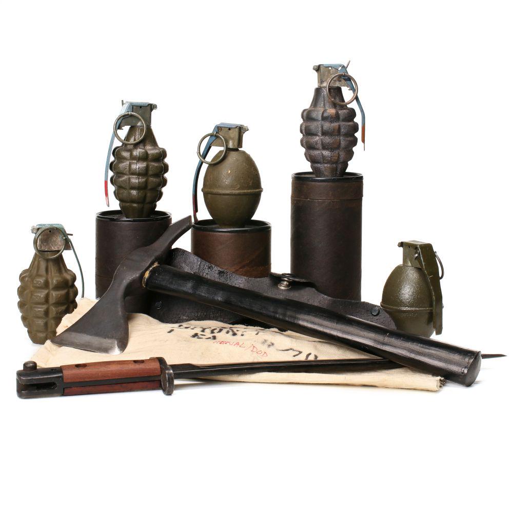 SPIKE HATCHETS, GRENADES WITH CANISTERS, 1907 BAYONET: Dewat pineapple grenades, bayonet with bag, more as shown. We happily provide seamless in-house packing and shipping services on nearly everything we sell.