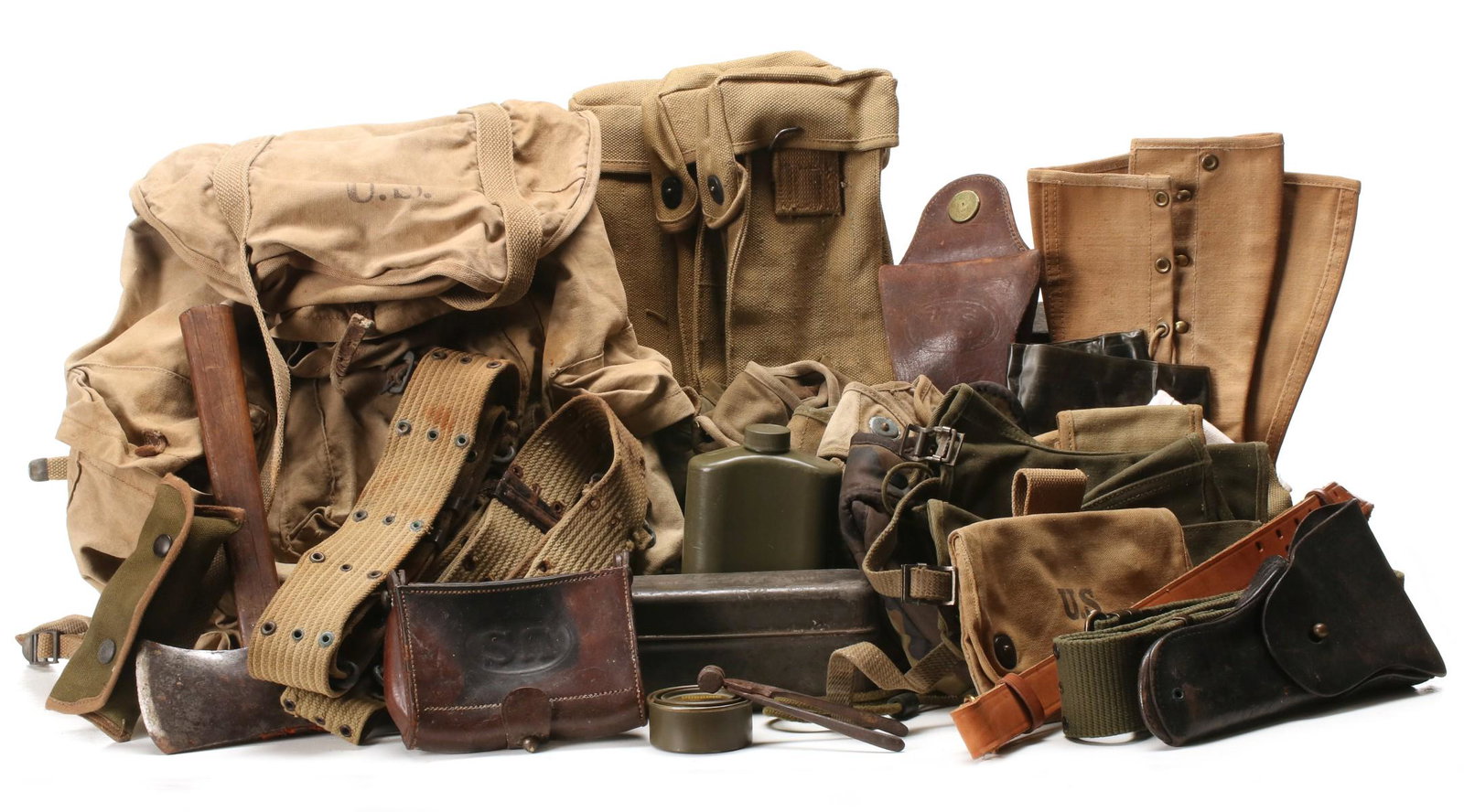 WEB AND LEATHER PACKS, POUCHES, BELTS, FIELD GEAR, MORE: Field gear: WWI grenade chest packs; Shotgun belt; Cleaning rod .50 cal M7 1944; Leather pouch; Petersen device pouch; Rifle grenade sight; Pistol belt; WWI Army hatchet; Pistol belt, current; Leather