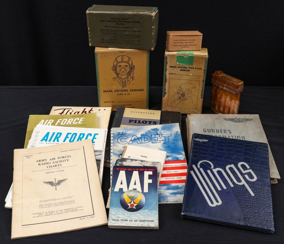 USAAF BOXED GOGGLES AND OXYGEN MASK, SURVIVAL FLASK ETC: Pilots' information file, 1.5-inches thick; Gunner's information file, 1.25-inches thick; 'The Cadet' Bruce Field Texas, 48 pages; 'Wings' Class 44-E AAF Pilot School, Advanced Two-Engine, 98 pages; '