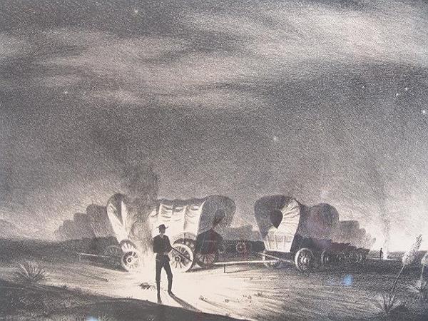 PETER HURD PENCIL SIGNED LITHOGRAPH OF A COWBOY: Titled "The Sentinel" and measuring 22 x 28 inches with a sight size of 14 x 20. Peter Hurd (1904-1984) married N.C. Wyeth's daughter in 1929 and by the early 30's, the time frame for this work, had m