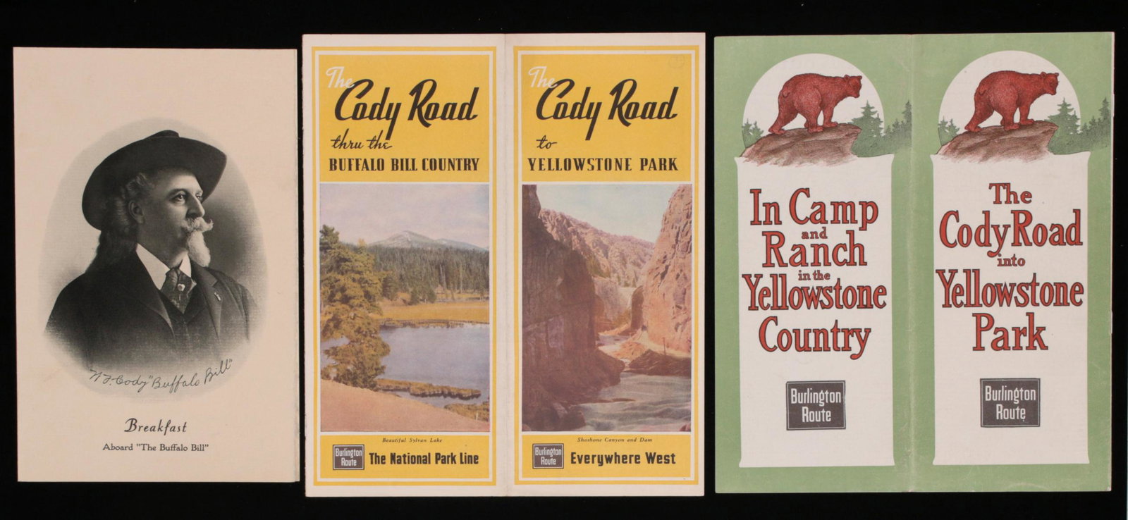 BURLINGTON ROUTE BUFFALO BILL CODY YELLOWSTONE EPHEMERA: Six pieces include time tables, brochures and menus. We happily provide seamless in-house packing and shipping services on nearly everything we sell.