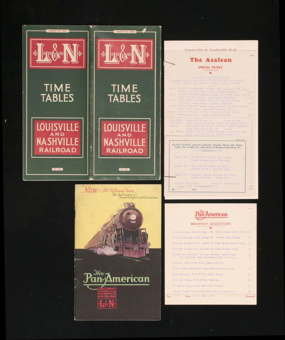 A COLLECTION OF LOUISVILLE AND NASHVILLE RR EPHEMERA: Seven items include brochures, menus and time tables. We happily provide seamless in-house packing and shipping services on nearly everything we sell.