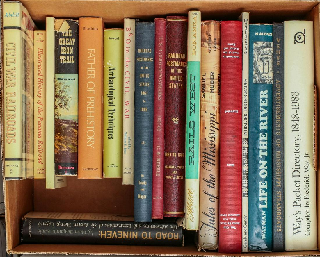 RAILROADS, STEAMBOATS, ANCIENT CIVILIZATIONS: Book titles as shown. WE STRONGLY SUGGEST LOCAL PICK-UP OR DELIVERY. Shipping will cost at least $180 per lot. We will not split lots or do any shipping acrobatics as we do on higher-valued lots. Each