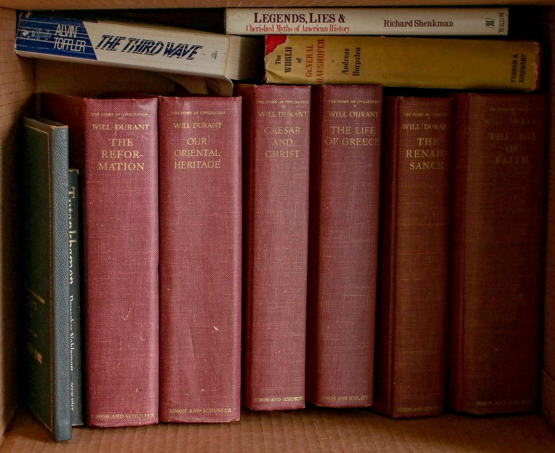 DURANT'S CIVILIZATION, WORLD OF MATHEMATICS: Book titles as shown. WE STRONGLY SUGGEST LOCAL PICK-UP OR DELIVERY. Shipping will cost at least $180 per lot. We will not split lots or do any shipping acrobatics as we do on higher-valued lots. Each