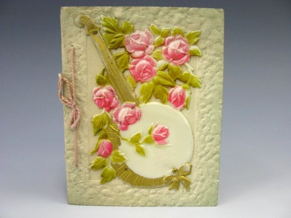 VINTAGE CELLULOID FRONT GREETING CARD BANJO