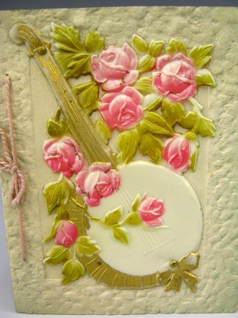 VINTAGE CELLULOID FRONT GREETING CARD BANJO - 2