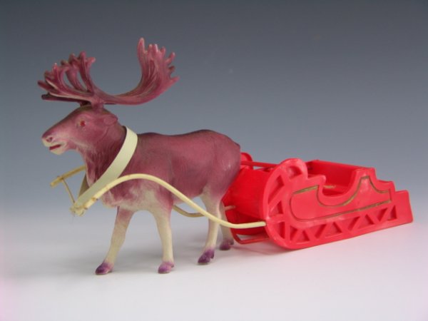 VINTAGE CELLULOID SANTA & SLED REINDEER