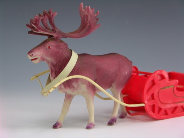 VINTAGE CELLULOID SANTA & SLED REINDEER - 2