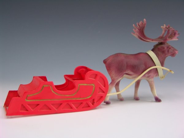 VINTAGE CELLULOID SANTA & SLED REINDEER - 3