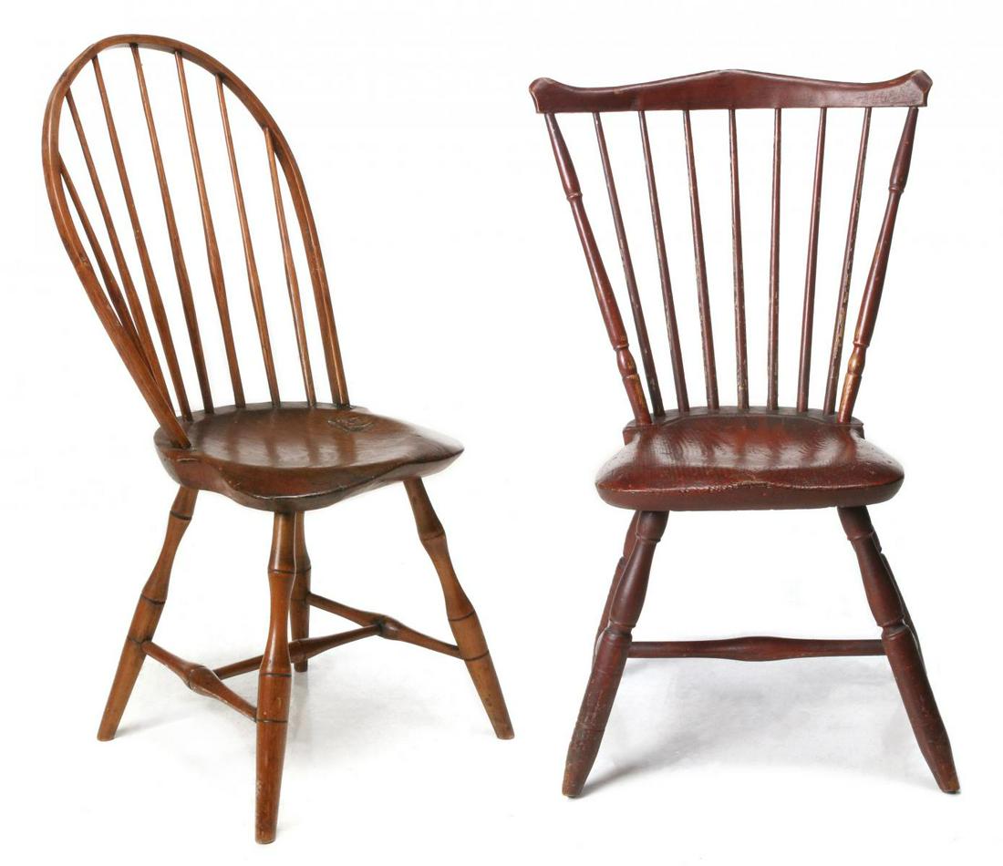 TWO LATE 18TH CENTURY WINDSOR SIDE CHAIRS: The bow back example with ash spindles and pine seat raised on faux bamboo turned legs. Plus a fan back example with old red over-paint, pine saddle seat and turned legs, attributed to New London Coun