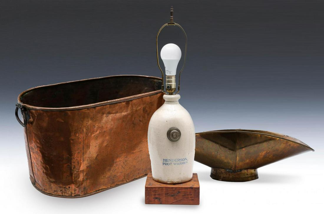 COPPER BOILER | BRASS SCALE PAN | FOOT WARMER LAMP: The three as shown: a Henderson stoneware Foot Warmer signed Dorchester Pottery Works with impressed mark. Foot warmer measures 25.25 x 7 x 6.5 inches. Others measure 7 x 22.5 x 12 and 12 x 23.25 x 12
