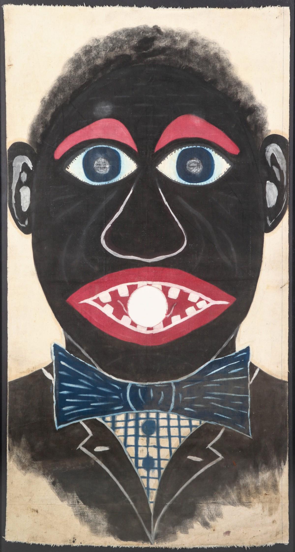 A UNIQUE PAINTED CANVAS BALL TOSS CARNIVAL TARGET: This rare and unique example has hand painted figure on canvas with opening through which a ball would be thrown, the momentum of missed throws would be blunted by the heavy hanging canvas that would