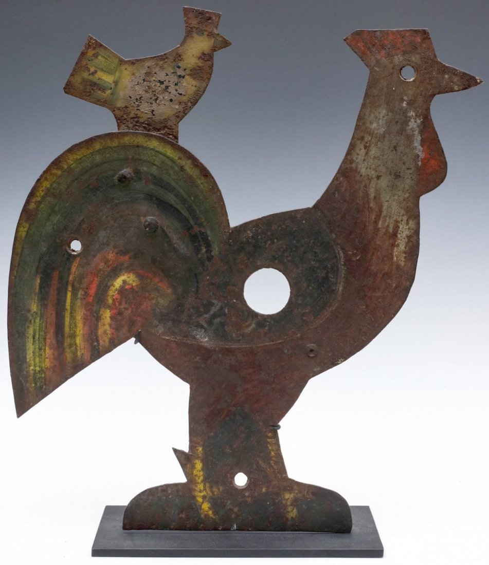 A FINE, RARE FOLK ART ROOSTER TARGET IN ORIGINAL PAINT: The early sheet metal rooster silhouette with hand forged rivet construction, animated chick figure, exceptional original paint, and great folk art qualities. Attributed to William Wurfflein, Philadel