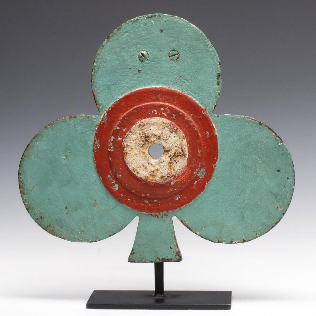 A RARE J.T. DICKMAN IRON CLUB CARD SUIT GALLERY TARGET: This particular example is the only one known in paint that matches that of the Dickman Great Clown (Bright Eye) and the heart playing card suit also offered in this sale (lot 115). This great example