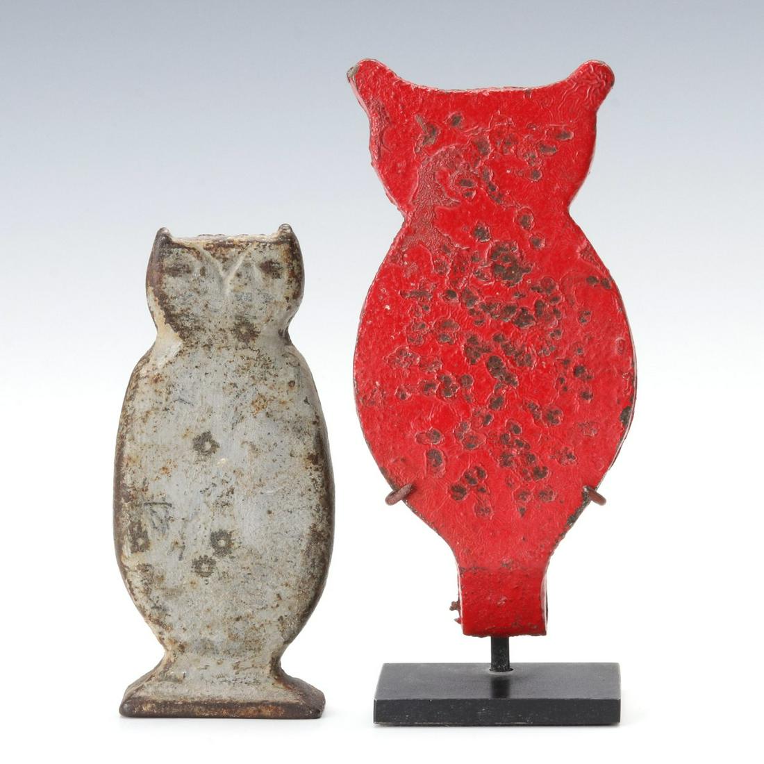 EARLY 20TH CENTURY IRON OWL SHOOTING GALLERY TARGETS: 1. The scarce iron silhouette example in red by unknown maker, displayed on custom iron stand, one of only a few known. 2. A small free standing iron silhouette figure of an owl with facial detail and