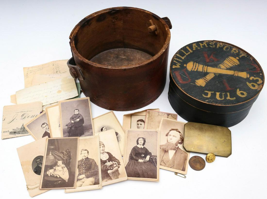 TWO 19TH C. PAINTED AND DECORATED BENT WOOD CONTAINERS: The firkin with old red stain and flat bent wood handle, sans the cover; plus a circular pantry box in old blue paint and with hand painted commemoration of the Civil War Battle of Williamsport Maryla