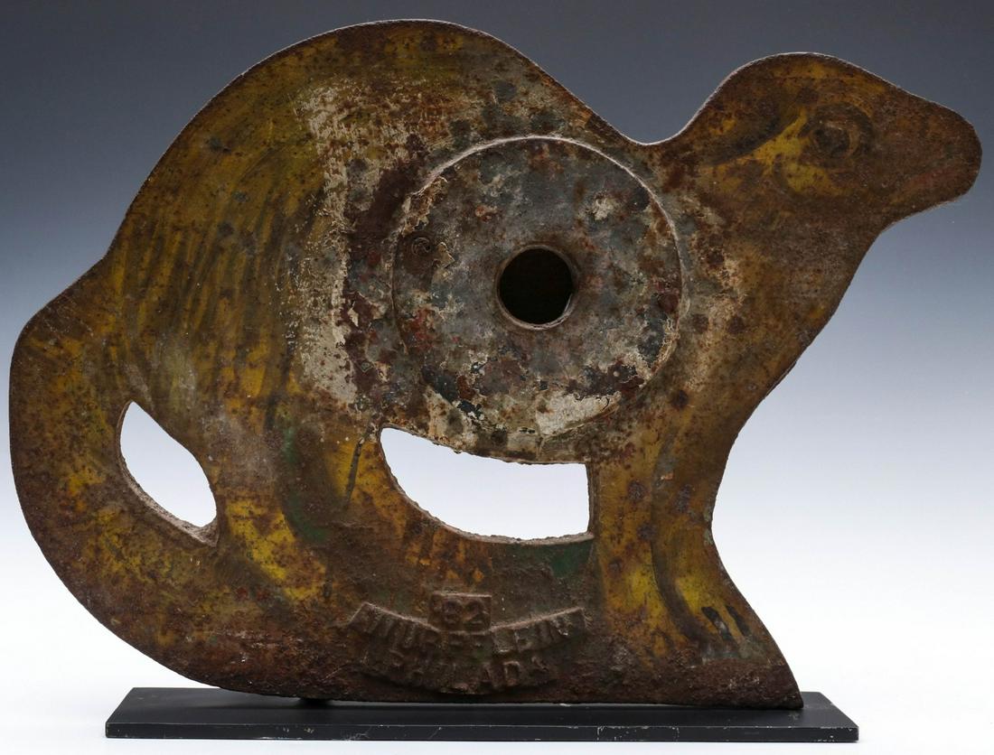 A RARE WURFFLEIN CAST IRON SHOOTING GALLERY TARGET: This mystery target is the only known example of its type to date. It resembles a Wurfflein catalog entry listed as cat number 82. That catalog line drawing differs from this casting which faces the o