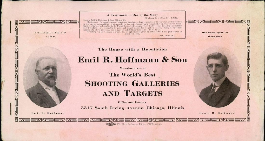 HOFFMANN & SON SHOOTING GALLERY TRADE CATALOG, C. 1916: Emil R. Hoffmann & Son 'The World's Best Shooting Galleries and Targets' illustrated price list, with original mailing envelope and order blank, circa 1916 per the postmark, 36 pages. The mailing enve