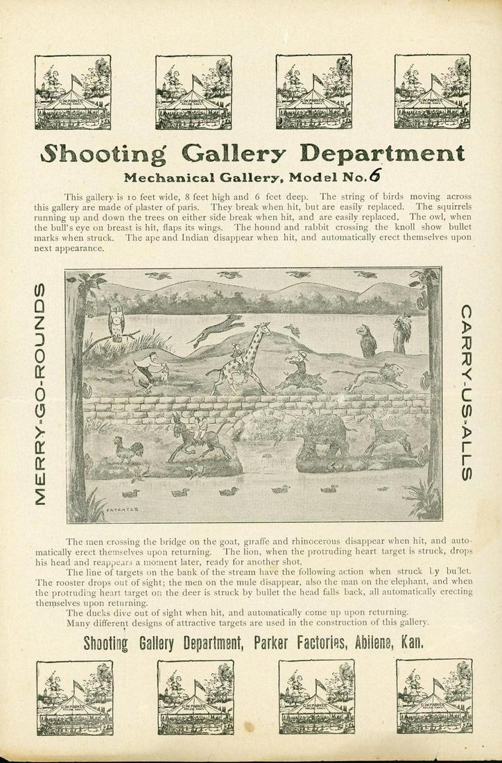 A C.W. PARKER SHOOTING GALLERY ADVERTISING BROADSIDE: Parker Mechanical Gallery Ephemera. CW Parker, Abilene, KS. A rare advertising piece of ephemera for Parker's Shooting Gallery Department, Mechanical Gallery, Model No. 6. This is an early piece of ad