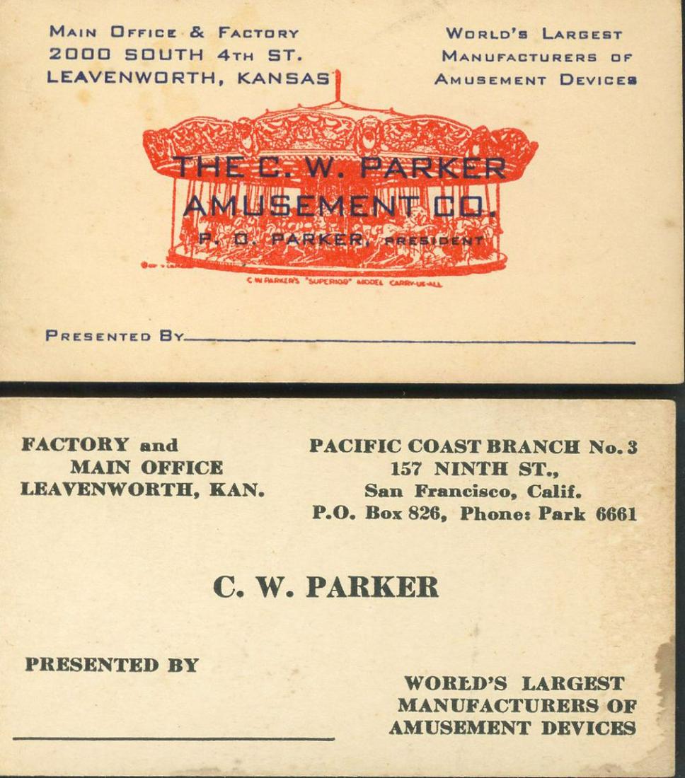 A COLLECTION OF C.W. PARKER EPHEMERA: Five pieces of ephemera including three Leavenworth, Kansas trade cards, an ink blotter and Abilene, Kansas letterhead. Letterhead measures 7.25 x 8.25, blotter measures 3.5 x 9, cards 2.75 x 4.5, 2 x