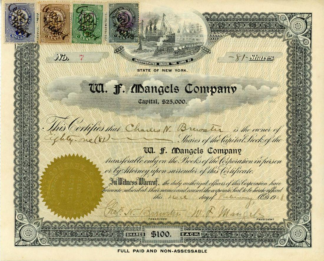 A 1908 W.F. MANGELS CO. STOCK CERTIFICATE: Mangels Stock Certificate #7 of W.F. Mangels Company, Coney Island, NY. Very rare piece of ephemera. Signed and sealed stock certificate No. 7 issued to Charles N. Brewster on February 26, 1908. Pictu