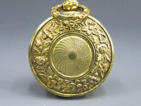 1792 BIRMINGHAM GILT SILVER VINAIGRETTE: Watch form case opens to reveal a nicely pierced and bright cut domed grill, hallmarks for Birmingham, 1792 and apparently John Taylor. Measurements of 2 x 1 1/2 inches.