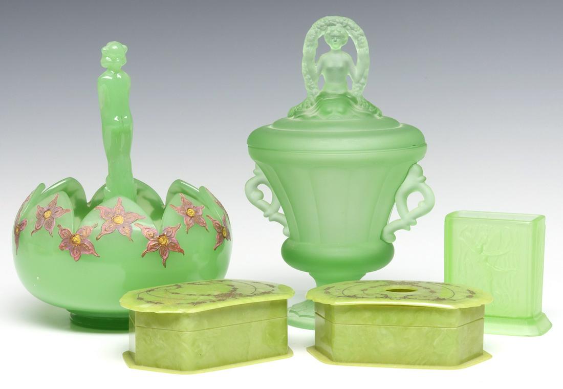 ART DECO PERIOD GREEN SATIN GLASS DRESSER ITEMS (1 of 11)