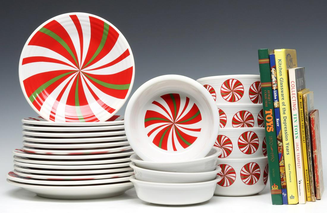FIESTA PEPPERMINT RED-AND-GREEN ALONG WITH PRICE GUIDES: The entire lot as shown. Bowls measure 2 x 7 and 3 x 6 inches. Plates are 9 and 10.25 inches. We happily provide seamless in-house packing and shipping services on nearly everything we sell.