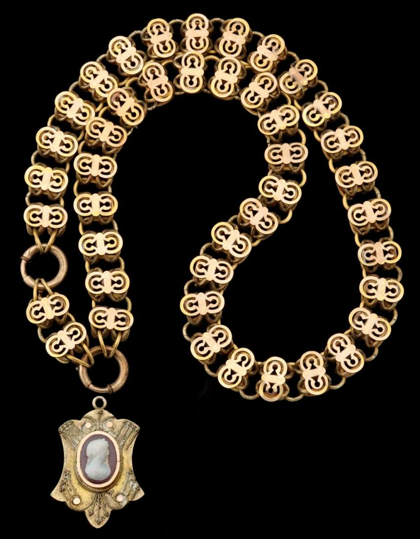 A VICTORIAN BOOK CHAIN WITH HARDSTONE CAMEO LOCKET (1 of 8)