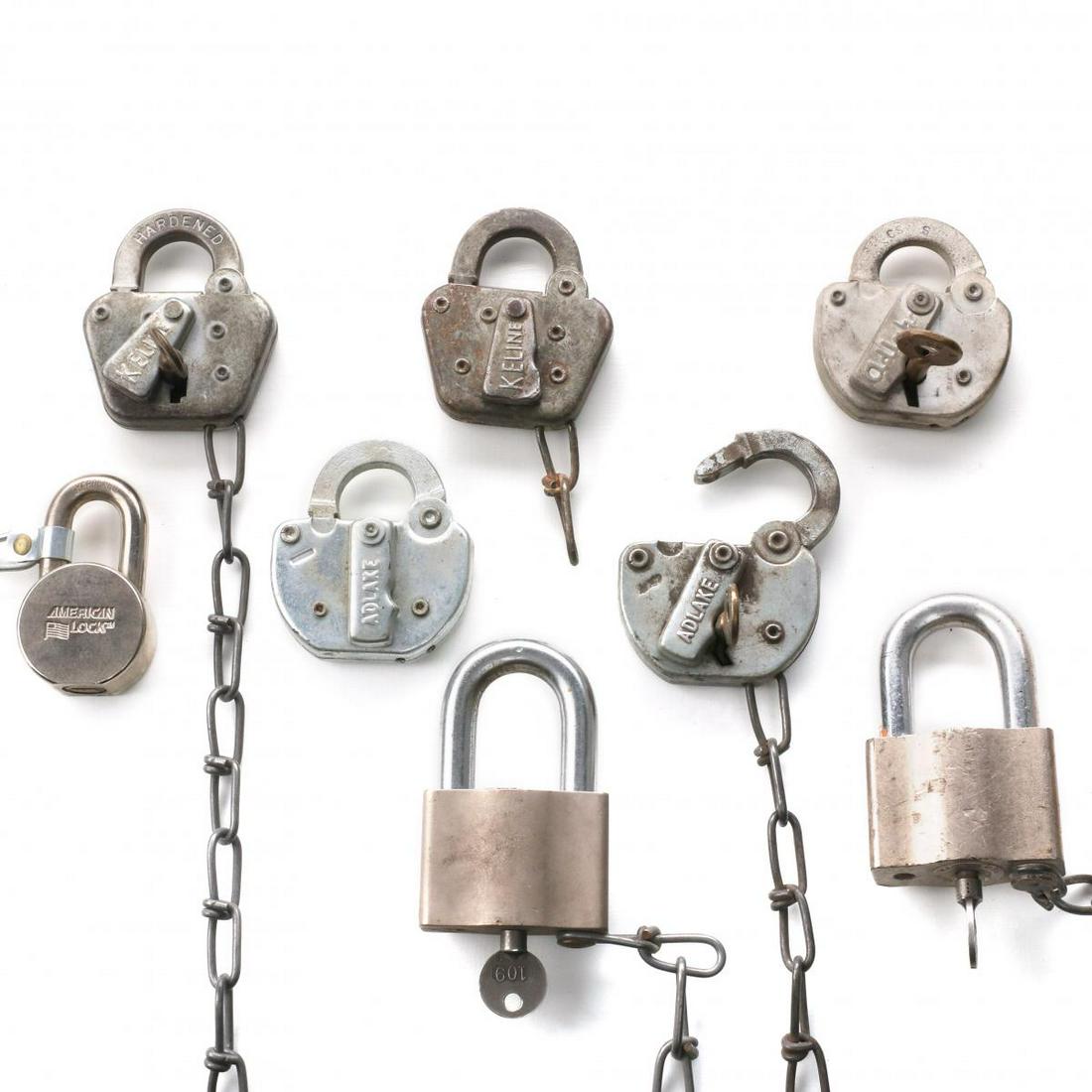 SEVEN PADLOCKS WITH STAMPED MARKINGS OF THREE RAILROADS (1 of 7)